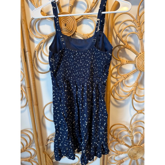 Hollister Navy Blue Floral Smocked Back Ruffle Hem Mini Dress Womens Small - Picture 3 of 3